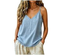 Linen Vest Tops for Women UK Sleeveless V Neck Spaghetti Strap Solid Basic Tank Tops Loose Summer Casual Swing Hem Hide Belly Maternity Clothes Going Out UK (Light Blue, S)