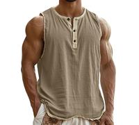 Linen Vests for Men UK Cotton Linen Tank Tops Summer Solid Color Sleeveless Round Neck Button Henley Shirt Gym Running Workout Muscle Sport Vest Holiday Casual Loose Tank Tops T-Shirt S-3XL
