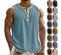 Linen Vests for Men UK Cotton Linen Tank Tops Summer Solid Color Sleeveless Round Neck Button Henley Shirt Gym Running Workout Muscle Sport Vest Holiday Casual Loose Tank Tops T-Shirt S-3XL