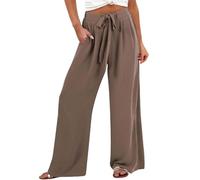 Linen Wide Leg Trousers for Women UK Ladies Summer Palazzo Cotton Trousers Elasticated High Waist Work Pants with Pockets, Ladies Casual Elegant Beach Haren Pants with Drawstring
