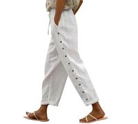 Linen Wide Leg Trousers for Women UK Side Button Elastic Palazzo Ladies Cotton Trousers with Drawstring Summer Beach Capri Pants Loose Lightweight Casual Pants