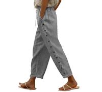Linen Wide Leg Trousers for Women UK Side Button Elastic Palazzo Ladies Cotton Trousers with Drawstring Summer Beach Capri Pants Loose Lightweight Casual Pants