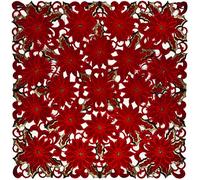 Linens, Art and Things Embroidered Elegant Rich Christmas Red Poinsettia Gold Thread Green Leaves Holiday Doily Small Square Tablecloth Centerpiece 33" x 33"