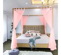 Linentalks Sheer Bed Curtains for King, Queen, Full & Twin Beds - 4 Corner Canopies & Drapes, Four Poster Bed Curtains - Pink