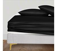 LINENWALAS 100% Eucalyptus Silk Fitted Sheet with Pillowcases, Tencel Lyocell Cooling Deep Pocket Fitted Bed Sheet, Softer than Egyptian Cotton - Anti-Allergy (Super King, Jet Black)