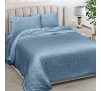LINENWALAS 100% Natural Bamboo Sheets Set 3 PC Self Design Window Pane - Luxury Softest Cool Bedding Perfect for Skincare- Fitted Sheet, Flat Sheet & Pillowcase (Single, Bahamas Blue)