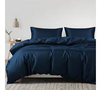 LINENWALAS 100% Organic Eucalyptus Tencel 3pc Duvet Cover Set With Zipper Closure and Corner Ties - Softest Cooling Luxury Bedding Perfect for Hair & Skin (Double, Navy Blue)