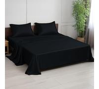 LINENWALAS Double Bed Sheet Set, 300 Thread Count, 100% Bamboo Bedding, Cooling Silk Black With 1 Fitted Sheet, 1 Flat Sheet & 2 Pillowcases (Double, Jet Black)