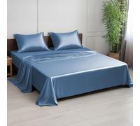 LINENWALAS Double Bed Sheet Set, 300 Thread Count 100% Bamboo Double Bedding Set, Cooling Sateen Weave Silk Sheets Set with 1 Fitted Sheet, 1 Flat Sheet & 2 Pillowcases (Double, Bahamas Blue)