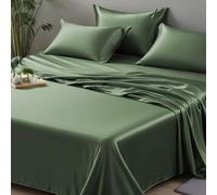 LINENWALAS Double Flat Sheet, 100% Bamboo Bedding Silk Sheet, Cool Breathable Premium Luxury Top Sheet (91x108 Inches, Avocado Green)