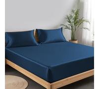 LINENWALAS Small Double Fitted Sheet with Pillowcases, 100% Tencel Eucalyptus Silk Sheet up to 40 cm Deep Pocket, Premium Luxury Cooling Bed Sheet (Small Double, Navy Blue)