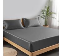 LINENWALAS Small Double Fitted Sheet with Pillowcases, 100% Tencel Eucalyptus Silk Sheet up to 40 cm Deep Pocket, Premium Luxury Cooling Bed Sheet (Small Double, Charcoal Grey)