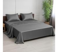 LINENWALAS Super King Bed Sheet Set, 100% Organic Bamboo Bedding Set, Cooling Silk Sheets Set 1 Fitted Sheet, 1 Flat Sheet & 2 Pillowcases (Super King, Charcoal Grey)