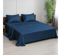 LINENWALAS Super King Bed Sheet Set, 300 Thread Count 100% Bamboo Bedding Set, Cooling Sateen Weave Silk Sheets Set with 1 Fitted Sheet, 1 Flat Sheet & 2 Pillowcases (Super King/Navy Blue)