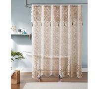 LinenZone 183 x 213 cm Extra Long Shower Curtain with Attached Valance. Modern Lace Fabric Shower Curtain is Great for Country or Rustic Decor.(Mia Shower 183 x 213 Linen)