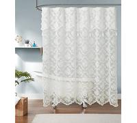 LinenZone 72" x 72" Lace Shower Curtains with Attached Valance & Tassels. Lace Fabric Shower Curtain is Great for Country or Rustic Decor. Modern Farmhouse Shower Curtain. (Mia Shower 72 x 72 Ivory)