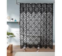 LinenZone 72" x 84" Extra Long Lace Fabric Shower Curtain with Attached Valance - Modern Farmhouse Style, Great for Country or Rustic Decor (Mia Shower Black)