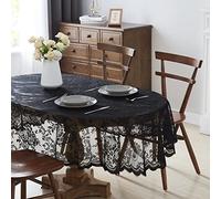 LinenZone Beautiful Oval Lace Tablecloth with Elegant Scalloped Bottom for Any Special Event Such as Wedding, Birthday Party, Baby Shower, Anniversary. Sits 6 to 8 People. (Luna TC 84 Oval, Black)