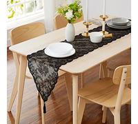 LINENZONE Black Table Runner with 2 Tassels for Rustic Vintage Decor. Lace Table Runner Works Great As Wedding Table Runner, Thanksgiving Table Runner, Christmas Table Runner (Mia 14 x 48, Black)