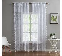 LinenZone Pair of 2 Lace Curtain Panels with Attached Valance and 6 Tassels. Sheer Lace Curtains for Living Room, Dining Room, Bedroom or Kitchen. Classic English Rose Design. (Luna 54 x 84, White)