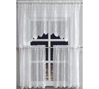 LinenZone White Tiers and Valance Kitchen Set Includes 2 30 x 24 Café Curtains and 1 Kitchen Valance. Farmhouse Floral Design. (Siena 24" Set, White)