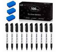 Lineon Whiteboard Pens with Eraser, 100 Pack Fine Ti Dry Wipe Pens for Whiteboard, Black Whiteboard Markers for Kids Adults Writing on Whiteboards, Weekly Planner, Glass for School Office Home