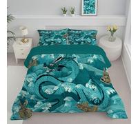 Lines And Waves Coverless Duvet Double - 200x200cm - Cartoon Dragon And Fish Soft Comfy Duvet with Pillowcase Down Alternative Reversible Comforter Set - Machine Washable & Durable Blue-Green