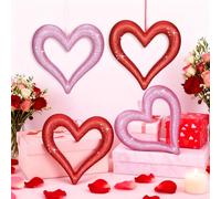 Lineshading 4 Pack Valentine's Day Heart Shaped Wreath, Valentines Wreath for Front Door, Red Pink Glitter Hang Heart Decoration for Wedding Anniversary Valentines Party Decor (7.9 Inch)