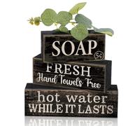 Lineshading 4 Pcs Bathroom Shelf Decor Sign Farmhouse Bathroom Decor and Accessories Rustic Eucalyptus Leaves Block Sign Soap Fresh Hand Towel Free Table Centerpiece for Home Toilet Hotel Campsite