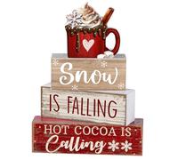Lineshading 4 Pcs Christmas Table Decor Wooden Chocolate Cocoa Decoration Christmas Centerpiece Winter Tiered Tray Decor Decorative Red Hot Cocoa Block Signs Gift Farmhouse Xmas Decoration for Kitchen