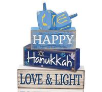 Lineshading 4 Pcs Hanukkah Table Decorations Chanukah Tiered Tray Decor Dreidel Star of David Wooden Block Signs Blue and White Jewish New Year Judaism Hanukkah Decor for Home Kitchen Mantel Party