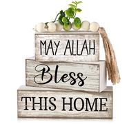 Lineshading 5 Pcs Eid Ul Fitr Wooden Tabletop Decor Eucalyptus Leaves Tiered Tray Centerpiece with Bead Tassels Eid Ramadan Block Signs Farmhouse Table Decoration for Home Kitchen (Start)