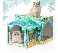 Lineshading Multi Level Cardboard Cat House with 3 Scratchers Large Sturdy Hawaii Beach Cat Villa 17"x12"x10" Cute Pet Condo Beds Toys Hideout for Bunny Small Animals Birthday Hawaii Theme Party
