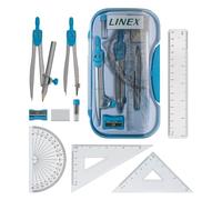 Linex Maths Geometry Set, 10-Piece Exam Kit with Transparent Case, Blue, Includes Self-Centring Compasses, Protractor, Ruler, Set Squares & Eraser