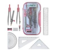 Linex Maths Geometry Set with Transparent Case - Pink 10-Piece Exam Kit Featuring Compass, Protractor, Ruler, Set Squares & Eraser