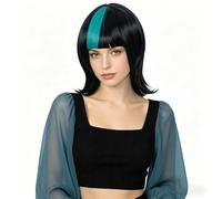Linfairy Anime Cosplay Short Black mixed Blue Wig Halloween Party Wig for Unisex (Black mixed Blue)