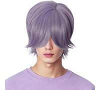 Linfairy Short Straight Wig Halloween Costume Party Cosplay Anime Wig for Unisex (Purple Mixed)