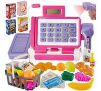 LINFUN KIDS Child's Till Cash Register Play Money for Kids, Cashier Toys Shop Till with Scanner Pretend Play Supermarket Playset Gift age 3 4 5 Girl Boy Toddler, Rose
