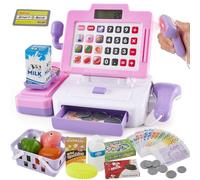 LINFUN KIDS Play Till Cash Register with Scanner, Cashier Till for Kids with Supermarket Shopping Pretend Play Toys Presents for 3 4 5 Year Old Girls Boys Children, Pink