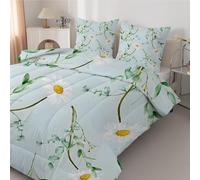 Linfye Floral Small Double Duvet 7.5 Tog - Anti-Allergy Coverless Duvet, All Seasons Botanical Eucalyptus Double Quilt, Soft & Washable Bed Quilt, Reversible Bedding Comforter Set with 2 Pillowcases