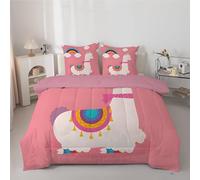 Linfye Pink Alpaca Double Duvet, Anti Allergy Coverless Duvet Double for All Seasons, 7.5 Tog Cute Rainbow Reversible Bed Quilts Set - Soft & Washable Bedding Comforter with 2 Pillowcases