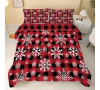 Linfye Red Plaid Single Duvet, Reversible Coverless Christmas Snowflake Stripe Duvet Single, Anti Allergy Bed Quilt 7.5 Tog for All Seasons - 1 Soft Washable Comforter Bedding with 2 Pillowcases