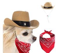 Ling & Bai 2Pcs Dog Cowboy Hat Costume Pet Cap and Bandana Scarf Cosplay West Decoration Accessories for Party Halloween Festival (A-Khaki)