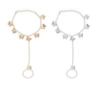 Ling & Bai 2Pcs Hand Chain Butterfly Ring Bracelet Boho Tassel Finger Adjustable Butterflies Pendant Harness Jewelry for Women (Gold&Silver)