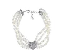 Ling & Bai Dog Pearl Necklace 4 Row Cat Collar Adjustable Rhinestone Heart Pendant Jewelry Accessories for Puppy Kitten (White, L)