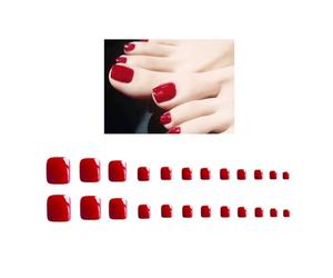 Ling & Bai Fake Toe Nails 24Pcs Pure Color False Toenails Short Glossy Glitter Full Cover Artificial for Women and Girls (Red, Glue Style)