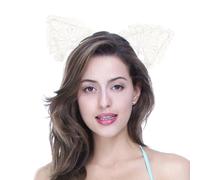 Ling & Bai Halloween Cat Ears Headband Carnival Party Lace Cat Ears Hair Band Cosplay Sweet Sexy Costumes Hair Accessories for Women (White, One Size)