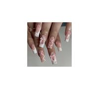Ling & Bai Long Coffin False Nails 24Pcs French Fake Stick on with Rhinestone Flower Bow Removable Glue-on for Women and Girls (Pink White, Glue Style)