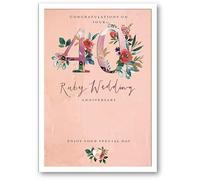 Ling Design 40th Milestone Ruby Wedding Anniversary Card - 40 Years - Floral Wreath with Embossed Detail & Gold Foil - Eco-Friendly