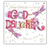 Ling Design Birthday Card for Goddaughter - Dragonfly Design - Foil Finish with Embellishments - Pretty Birthday Greeting Card to a Special Goddaughter - For Her